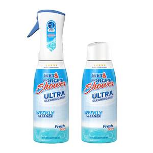 lot 4433 image: WET & FORGET Shower Ultra Cleaner Mist Fresh Scent No-Scrub Weekly Bathroom Spray for Fiberglass, Tile, Glass, Grout & More, 1 Spray and 1 Refill, 20oz each