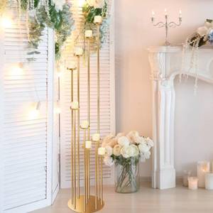 lot 5684 image: GENMOUS 46 Gold Metal 9-Arm Candle Holder, Floor Candelabra with 9.44 Base, Tall Pillar Taper Candlesticks for Wedding, Home Decor, Halloween, and Christmas Party