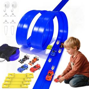 lot 5695 image: Flexible Race Track Toys for Kids 19.6 Ft Flex Race Car Ramp Track with Suction Cups - Rolls Up Portable DIY Racetrack with 4 Racing Cars- Birthday Gifts for Boys Girls Ages 3