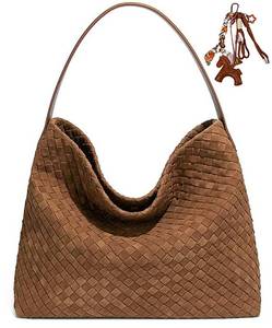 lot 5697 image: Kurava Suede Hobo Bags for Women Fall Woven Purse Slouchy Shoulder Crossbody Bag with Silk Scarf and Pony Charms Winter Trendy Tote Handbags (Brown)