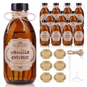 lot 5699 image: 12 Pack, 8 OZ Amber Glass Bottles with Caps Leakproof Refilllable Empty Brown Boston Sample Dispensing Bottles for Homemade Vanilla Extract, Essential Oils, Potion, Juice, Ginger Shots, Liquids