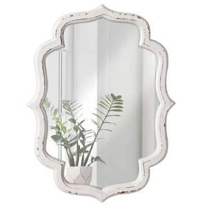 lot 5703 image: Sintosin Vintage Small Scalloped Wall Mirror Decorative 16 x 12, Hanging Rustic Distressed White Bathroom Mirrors for Vanity, Farmhouse Wood Quatrefoil Wall Mounted Mirror for Living Room
