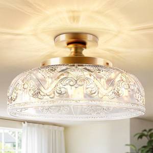lot 5706 image: Slypadan Semi Flush Mount Ceiling Light, 12 Inch Large Gold Ceiling Light Fixture, 3-Light Globe Glass Farmhouse Kitchen Lighting Fixtures for Bathroom, Hallway, Dining Room (Bulb Not Included)