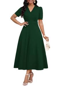 lot 6282 image: MarryUP Womens Casual Ladies Midi Dress Curvy Wrap Dresses V Neck Wedding Guest Cocktail Tea A-Line Swing Dresses Dark Green 2XL