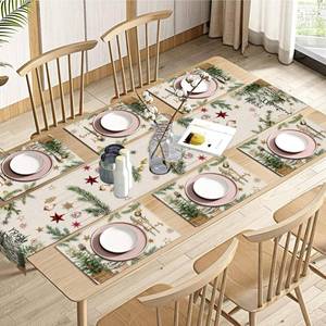 lot 6361 image: Emvency Christmas Table Runner and Placemats Set of 6 Christmas Tree with Decorative Balls and Golden Stars Dining Decor for Daily Use 1 Table Runner 72 inches Long and 6 Placemats
