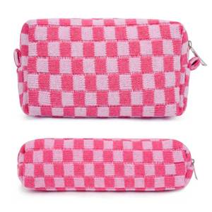 lot 6362 image: SOIDRAM Checkered Cosmetic Bag and Makeup Brush Storage Bag - Pink Travel Toiletry Organizer