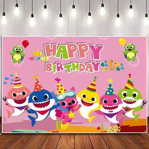 lot 6365 image: GRAME Shark Backdrop (6x4 FT) for Baby Birthday Party, Photography Blue Cartoon Ocean Photo Background for Boys & Girls, Shark Decorations & Party Supplies (Big Size, 6x4 Feet) (Pink)