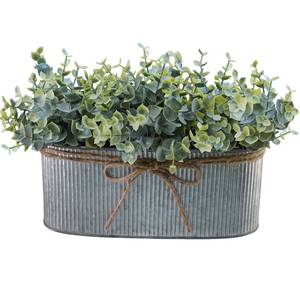 lot 7506 image: Winlyn Artificial Eucalyptus Arrangement in Rustic Oval Galvanized Metal Planter Box Faux Eucalyptus Bush Greenery Potted Plants for Farmhouse Indoor Home Office Table Centerpiece Kitchen D�cor