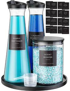 lot 7507 image: Galasily 21 Pack Laundry Detergent Dispenser & Laundry Pods Container, 54OZ Liquid Laundry Soap Dispenser with Tray, Labels and Scoops, Black Laundry Room Organization for Powder, Fabric Softener