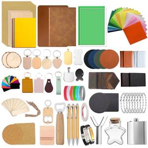lot 7512 image: 144 PCS Laser Engraving Material Kit, 29 Kinds of Laser Engraving Supplies Including Acrylic, Wood, PU Leather, Glass, Metal, Rock, Fabric, Rubber Materials for Laser Cutter Engraver