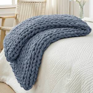 lot 7517 image: Bigacogo Chunky Knit Throw Blanket for Couch, 40x60 inches, 100% Hand Knitted with Thick Jumbo Chenille Yarn, Cozy Soft Large Rope Knot Cable Crochet Blankets for Sofa Bed Living Room, Cold Sea Blue
