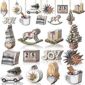 lot 8378 image: Huwena 36 Pcs Winter Wooden Ornaments Farmhouse Rustic Snowman Balls Xmas Tree Truck Hot Cocoa Wood Cutouts Tags with Ropes Neutral Winter Decorations for Home Tree Gifts
