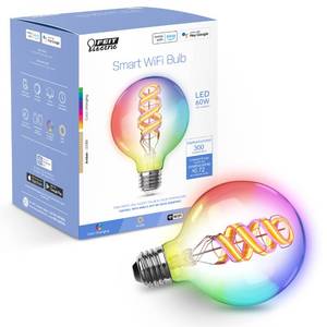 lot 8379 image: Feit Electric 60 Watt Equivalent Smart Filament Globe Bulb, Spiral Filament WiFi Dimmable, Works with Alexa and Google Assistant No Hub Required, G30 Vanity LED Smart Light Bulb G3060RGBWFILAG