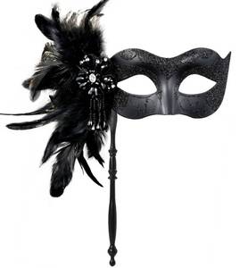 lot 9184 image: MYSEUNI 2025 New Black Masquerade Mask with Stick - Shiny Womens Feather Mardi Gras Venetian Mask for Halloween Parties, Carnival, Cosplay Prom, Christmas, Wedding, Bar, Costume Accessory