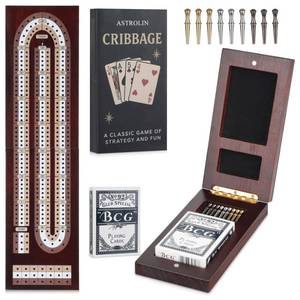 lot 9186 image: ASTROLIN Cribbage Board Game Set, Premium Wooden Board with Magnetic Lock and Built-in Storage, Deck of Cards & 9 Metal Pegs, Fun 2��3 Player Travel Game for Adults and Family