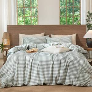 lot 9192 image: MooMee Gingham Duvet Cover Set 100% Washed Cotton Linen Like Textured Breathable Durable Soft Comfy Modern Checkered Design (Sage Green Gingham, King 104x90)