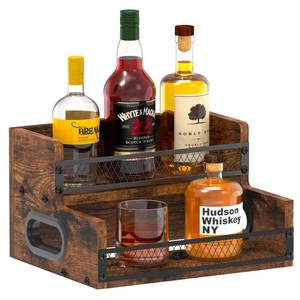 lot 9194 image: Liquor Bottle Display Shelf, Coffee Syrup Rack Organizer, 2 Step Countertop Liquor Wine Rack, 8 Bottles Coffee Station Organizer with Fences & Handles, Home Retro Bar Shelf Stand for Liquor Whiskey
