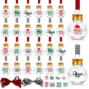 lot 9204 image: 32 Pack Fillable Christmas Balls, Christmas Tree Hanging Ornaments Clear Plastic Water Bottle Bulbs Pendant Ball with Plaid Ribbon and Stickers for Xmas Home Party Decor (Round)