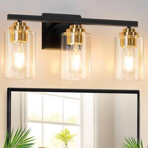 lot 9214 image: 3-Light Bathroom Light Fixtures, 19 Modern Vanity Lights Over Mirror with Clear Glass Shades, Black & Gold Light Fixture, Classic Wall Light Fixture for Mirror Living Room Cabinet Bedroom Porch