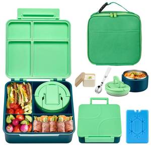 lot 9217 image: Bento Lunch Box with 8oz Soup Thermo,Kids Leakproof 4 Compartment Lunch Food Containers with Sauce Cup and Ice Pack,Kids Thermo Insulated Hot Food Jar and Lunch Bag for School,Trvael-Green