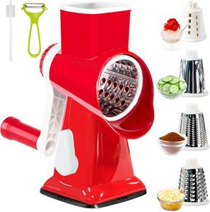lot 10154 image: Rotary Cheese Grater with Handle, Multifunctional Kitchen tool, Stainless Steel Rotary Grater Slicer for Fruit, Vegetables, Nuts (Red)