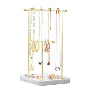 lot 10157 image: Emibele Jewelry Stand Organizer, 2 Tier Jewelry Holder for Necklace Bracelet Earrings, Jewelry Tree Stand with Gold Metal Rack and White Marble Tray
