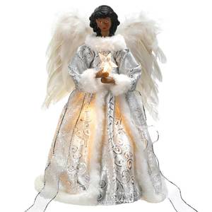 lot 10165 image: 12.2 Black Angel Christmas Tree Topper with Lights Standing African American Christmas Decorations Black Angel Figurines Treetop for Xmas Home Decor Winter Holiday(White,Cute Style)