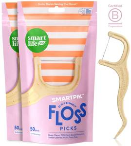 lot 10186 image: SmartLifeco Eco-Friendly Dental Floss Picks (100ct) - Flossers Made With Straw Wheat Blend, Strong Anti-Shred Thread For Tight Gaps, Tooth Pick Stick For Adults, Soft on Gum & Teeth, Vegan, Unflavored
