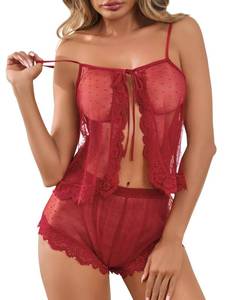 lot 10192 image: Kolagri Women Pajama Set Lace Trim Short PJ Set Sexy Sleeveless Sleepwear Drawstring Waist Nightwear Red XL