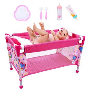 lot 13522 image: BABESIDE 7PCS Baby Doll Crib for 18 Dolls, Baby Doll Bed with Storage Bag and Feeding Care Accessories Set , Toy Crib Doll Furniture for Girls Age 3,Pack n Play Toy Gift for Kids