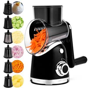 lot 13539 image: SUSTEAS Rotary Cheese Grater with Handle,Vegetable Slicer with 6 Interchangeable Blades, Reinforced Suction,Easy to Clean,Kitchen Shredder for Crushed Ice,Fruits and Nuts with Blade Storage Case,Black