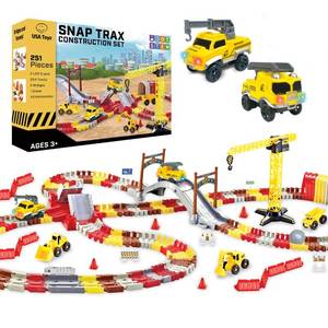lot 13547 image: USA Toyz Snap Trax Construction Set Race Tracks for Kids and 2 LED Toy Cars- 251 Pk STEM Building Toys Bendable Race Car Track for Boys Girls, 3 Construction Trucks, Crane, Bridges, 2 Light-Up Trucks