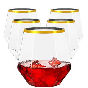 lot 13550 image: Lueumxc 40 Pack Diamond Plastic Wine Glasses,Unbreakable Stemless Whiskey Cocktail Wine Champagne Glasses,12 Ounce Durable Disposable Cups Gold Rim for Parties, Weddings, Birthdays
