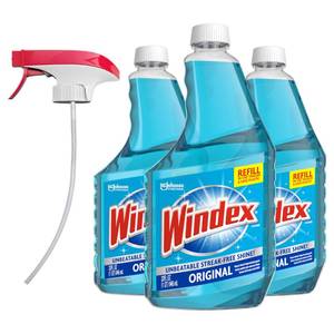 lot 13567 image: Windex Refill Original Blue Glass and Window Cleaner Bottles  1 Reusable Spray Trigger, Surface Cleaning Spray, Original Blue Scent, 32 Fl Oz (Pack of 3)