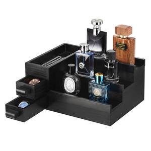 lot 13573 image: GLOKUUCA Perfume Stand Organizer for Men, 3 Tier Perfume Display Shelf with Velvet Lining Drawer and Hidden Compartment,Display Risers (Black - 2 Drawer)