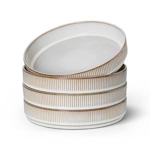 lot 13579 image: E-far Pasta Bowls Set of 4, 35oz Large Salad Bowl Plate for Dinner Serving Soup, Wide & Shallow Ceramic Stoneware Pasta Plates, Microwave & Dishwasher Safe, Reactive Glaze Texture-Stripe, Creamy Beige