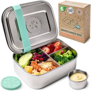 lot 14273 image: Everusely - Bento Box - Green, 27oz  0.8 L - Stainless Steel Lunch Box with Leakproof Condiment Container - 3 Compartment Snack Organizer for On the Go Meals - Freezer & Dishwasher Safe