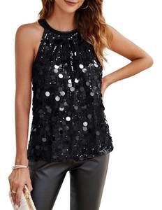 lot 14298 image: Sequin Tank Tops for Women Sparkly Glitter Halter Top Shiny Ruched Concert Tops Flowy Sleeveless Disco Outfits Party Black M