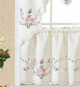 lot 14316 image: GOHD Rose Fragrance 3pcs Multi-Color Embroidery Curtain with cutworks, Swag Valance and Tiers Set,Satin Fabric,Multi-Color Kitchen Cafe Curtain Set(Rose)