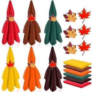 lot 14318 image: Potchen 12 Pcs Fall Thanksgiving Cloth Napkin and Maple Leaves Napkin Ring Holder Buckles with Rhinestones Set for Harvest Season Thanksgiving Autumn Party Table Decorations (6 Colors)