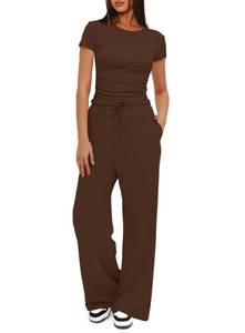 lot 14320 image: Darong Womens 2 Piece Set Outfits Lounge Sets Ruched Short Sleeve Tops High Waisted Wide Leg Pants Tracksuit Sets 9042A(inseam28-29) Coffee M