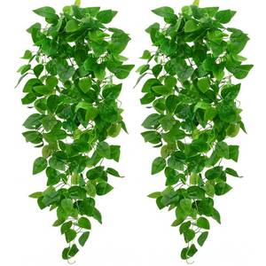 lot 14321 image: BLEUM CADE 2Pcs Fake Hanging Plants, 9 Branch Artificial Hanging Plant, Lush Faux Pothos Vines for Home Room Wall Shelf Porch Outdoor Indoor Decor (No Baskets)