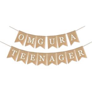 lot 14325 image: SWYOUN Burlap OMG Ur A Teenager Banner 13th Birthday Party Supplies Teen Boys Girls Birthday Mantel Decoration