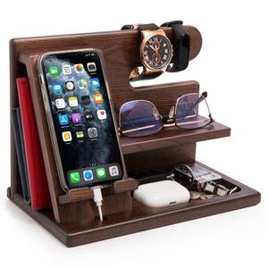 lot 14349 image: TESLYAR Wood Phone Docking Station for Men - Desktop or Nightstand Organizer - Birthday Gifts for Men, Dad - Anniversary Idea from Wife - Key Holder, Stand Wallet, Watch & Essentials (Bourbon Brown)