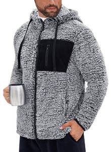 lot 14367 image: VOGSTART Mens Lightweight Hoodie Sherpa Jacket Furry Full Zip Outerwear with Chest Pocket Soft Fur Style Warm Hooded Fleece Coat Casual Cold Weather Wear L