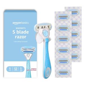 lot 14402 image: Amazon Basics 5-Blade Razor Handle for Women, Includes 12 Cartridges and Shower Hanger, 14 Piece Set, Blue (blades only)