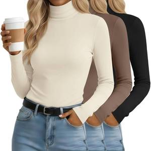lot 14409 image: Sweetyweee 3 Pack Womens Turtleneck Tops Mock Neck Long Sleeve Slim Fitted Shirts Lightweight Layer Shirt Stretch Base Tees(Cream, Coffee, Black,Large)