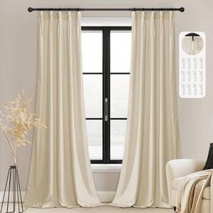 lot 15684 image: StangH Beige Pinch Pleated Velvet Curtains for Living Room, 96 inches Long Light Dimming Farmhouse Window Drapes Thermal Insulated Track System Panels for Nursery Dining Room, W38 x L96, 2 Panels