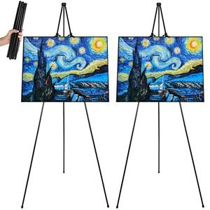 lot 15692 image: LOEQIAN 2 Pack Easel Stand 63 Inches Foldable Artist Floor Easels for Displaying Pictures, Black Easel Stand for Display Wedding Sign, Art Poster - Adjustable Art Poster Metal Tripod (Portable)