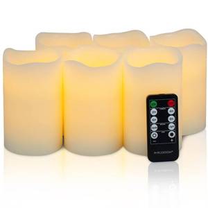 lot 15707 image: H-BLOSSOM Flickering Flameless Candles Battery Operated Real Wax Pillar Candles LED Candles with 10 Key Remote Control Cycling Timer Set of 6 (3 x 5 Remote) 2 misshaped